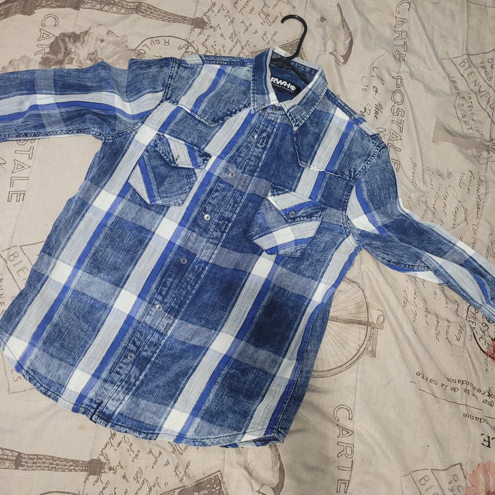 Blue and White Plaid Button-Up Shirt